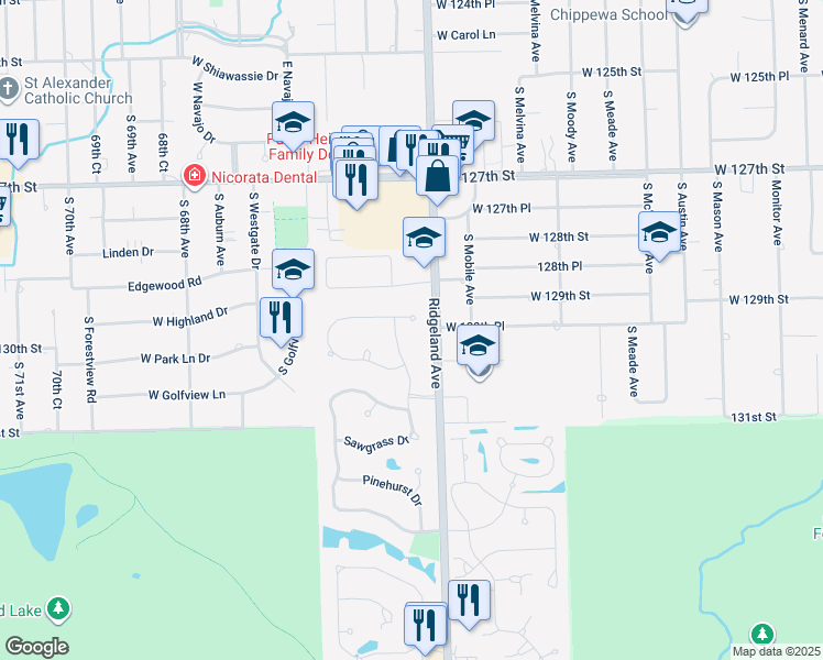 map of restaurants, bars, coffee shops, grocery stores, and more near 105 Augusta Court in Palos Heights