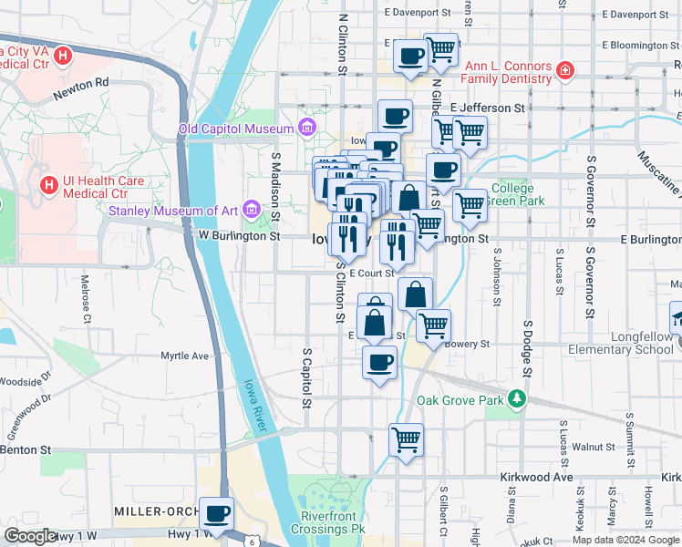 map of restaurants, bars, coffee shops, grocery stores, and more near South Clinton Street in Iowa City