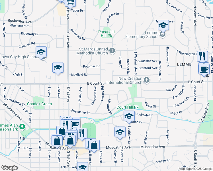 map of restaurants, bars, coffee shops, grocery stores, and more near 2605 East Court Street in Iowa City