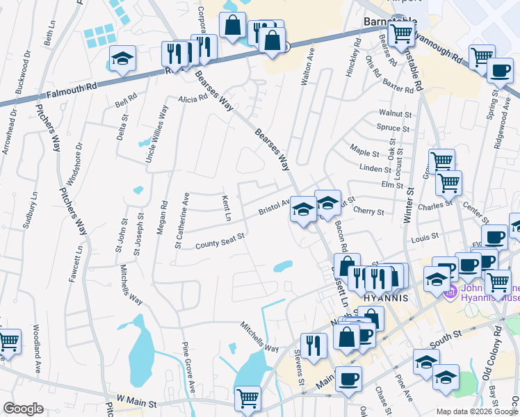 map of restaurants, bars, coffee shops, grocery stores, and more near 68 Bristol Avenue in Barnstable