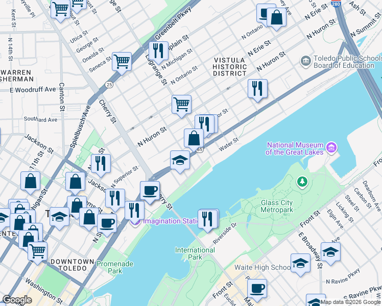 map of restaurants, bars, coffee shops, grocery stores, and more near 301-305 Locust St in Toledo