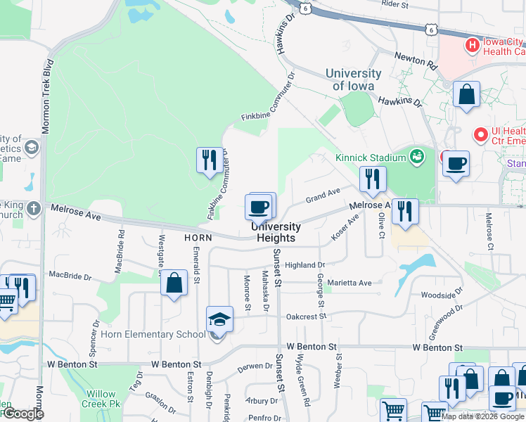 map of restaurants, bars, coffee shops, grocery stores, and more near 1 University Way in Iowa City