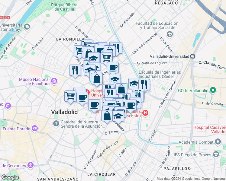 map of restaurants, bars, coffee shops, grocery stores, and more near 47 Calle Doctor Mergelina in Valladolid