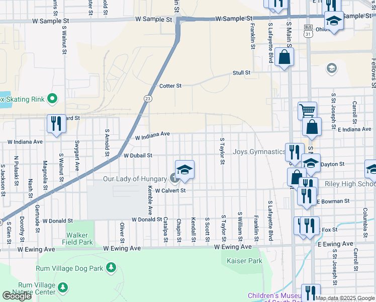 map of restaurants, bars, coffee shops, grocery stores, and more near 727-767 West Dubail Street in South Bend