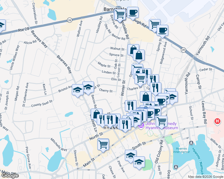 map of restaurants, bars, coffee shops, grocery stores, and more near 18 Cherry Street in Barnstable