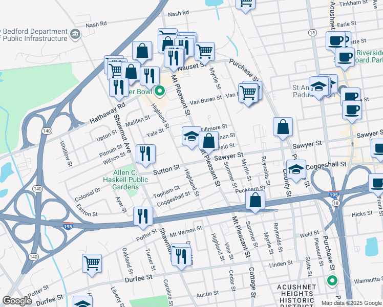 map of restaurants, bars, coffee shops, grocery stores, and more near 261 Mount Pleasant Street in New Bedford