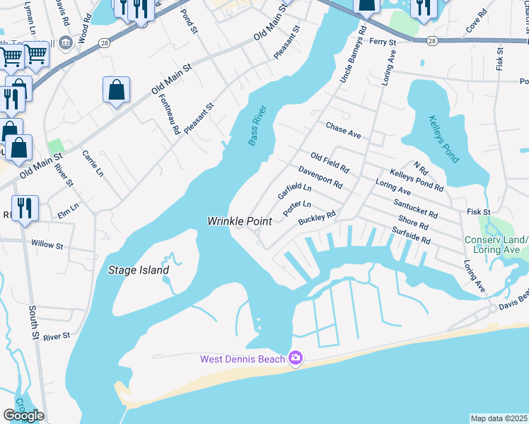 map of restaurants, bars, coffee shops, grocery stores, and more near 71 Garfield Lane in Dennis