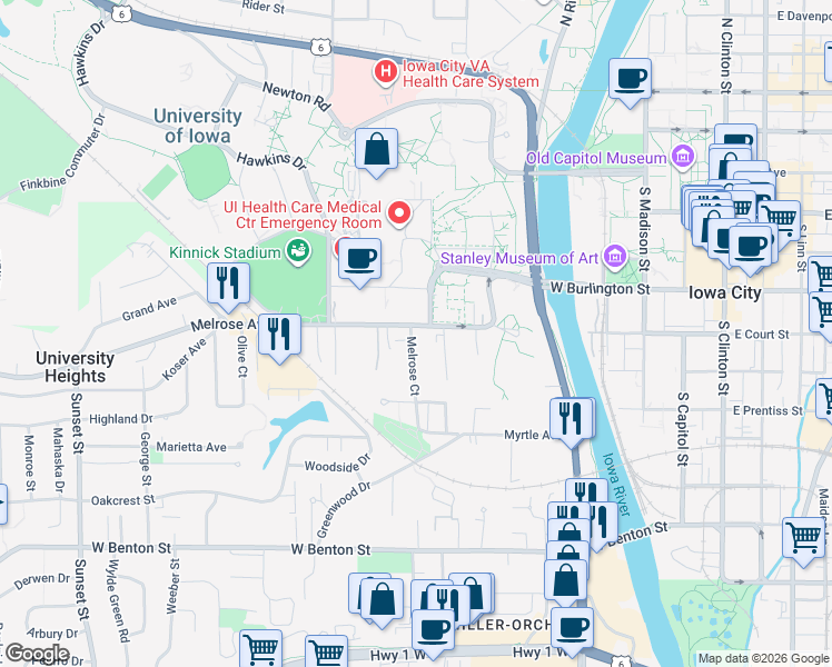 map of restaurants, bars, coffee shops, grocery stores, and more near 521 Melrose Avenue in Iowa City