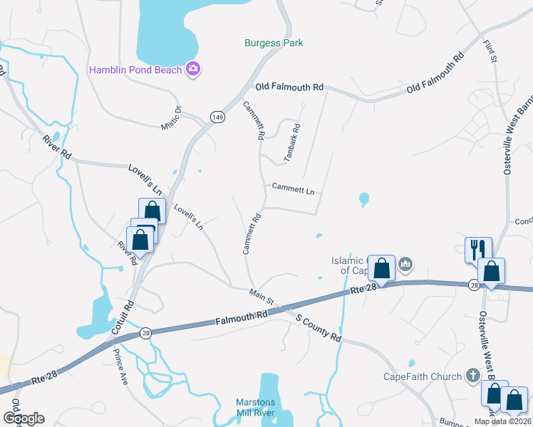 map of restaurants, bars, coffee shops, grocery stores, and more near 7 Cammett Way in Barnstable