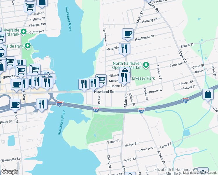 map of restaurants, bars, coffee shops, grocery stores, and more near 54 Howland Road in Fairhaven