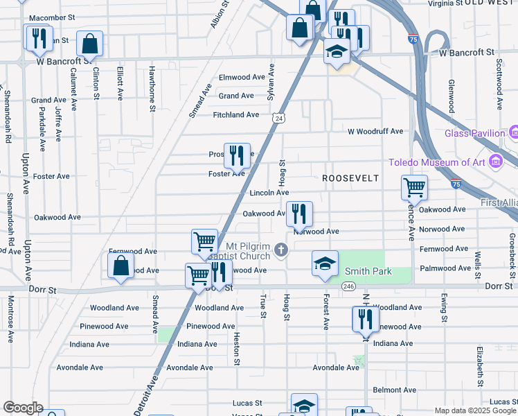 map of restaurants, bars, coffee shops, grocery stores, and more near 1236 Oakwood Avenue in Toledo