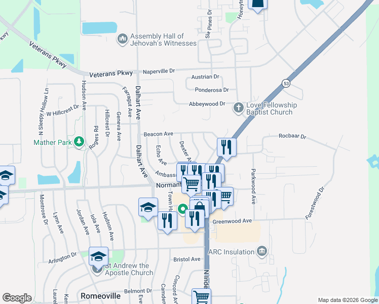 map of restaurants, bars, coffee shops, grocery stores, and more near 716 Delta Avenue in Romeoville