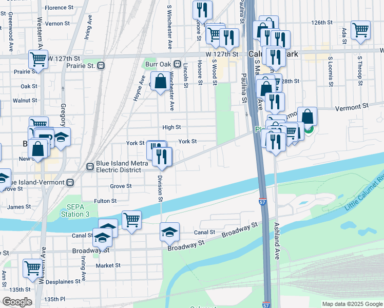map of restaurants, bars, coffee shops, grocery stores, and more near 1856 Vermont Street in Blue Island