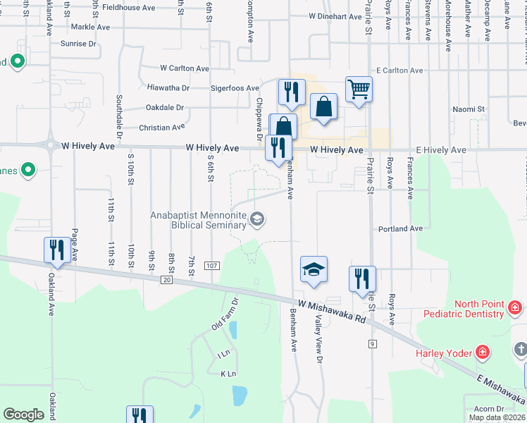 map of restaurants, bars, coffee shops, grocery stores, and more near 3003 Benham Avenue in Elkhart