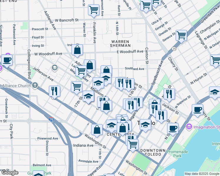 map of restaurants, bars, coffee shops, grocery stores, and more near 333 14th Street in Toledo