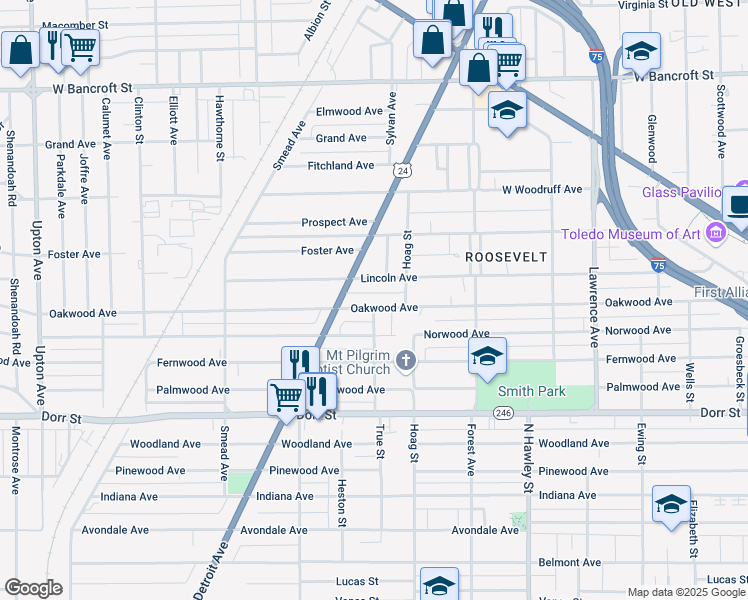 map of restaurants, bars, coffee shops, grocery stores, and more near 1236 Oakwood Ave in Toledo