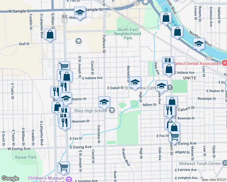 map of restaurants, bars, coffee shops, grocery stores, and more near 1708 Rush Street in South Bend