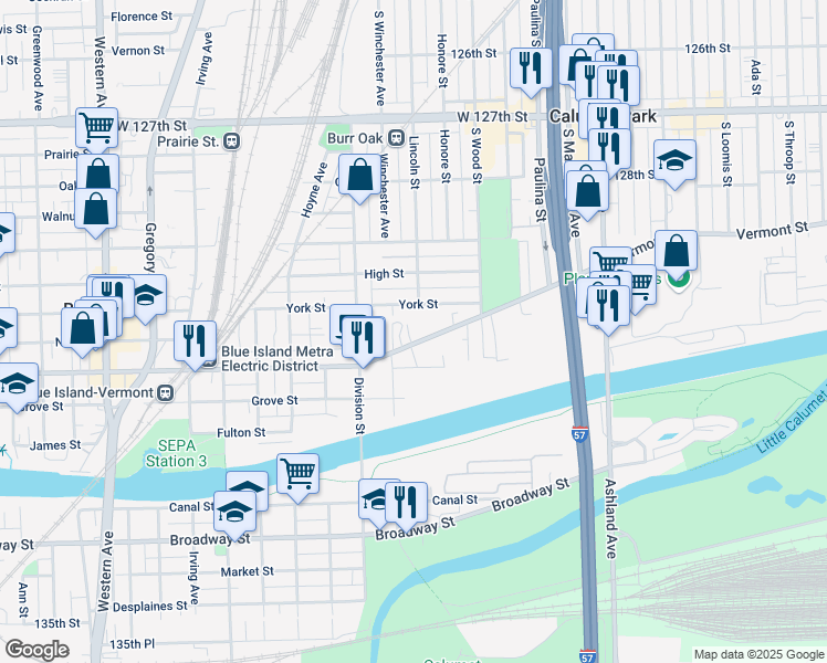 map of restaurants, bars, coffee shops, grocery stores, and more near 1856 Vermont Street in Blue Island