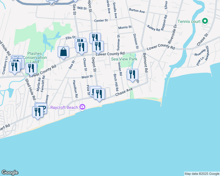 map of restaurants, bars, coffee shops, grocery stores, and more near 17 Ocean Park East in Dennis