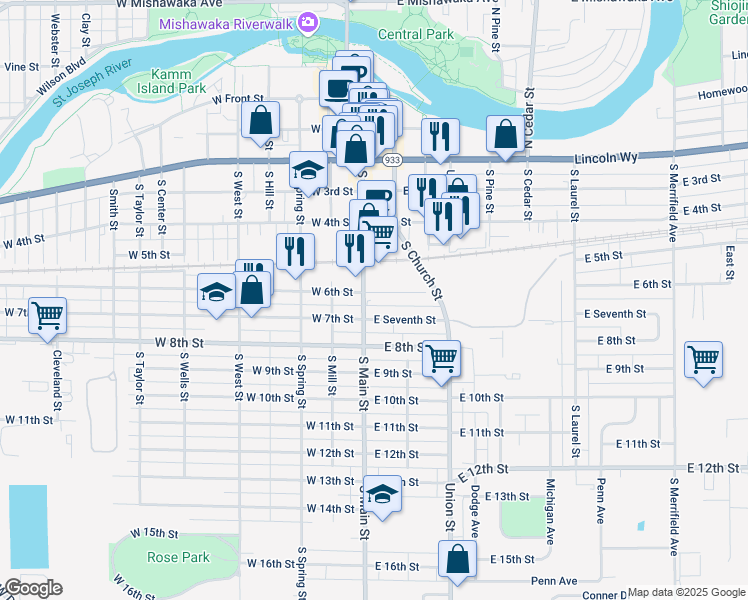 map of restaurants, bars, coffee shops, grocery stores, and more near 107 East 6th Street in Mishawaka
