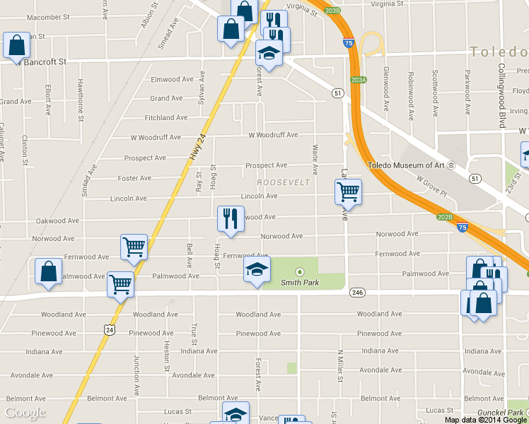 map of restaurants, bars, coffee shops, grocery stores, and more near 1084 Oakwood Ave in Toledo