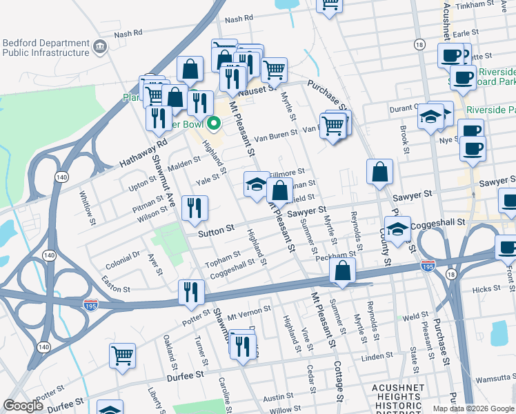 map of restaurants, bars, coffee shops, grocery stores, and more near 261 Mount Pleasant Street in New Bedford