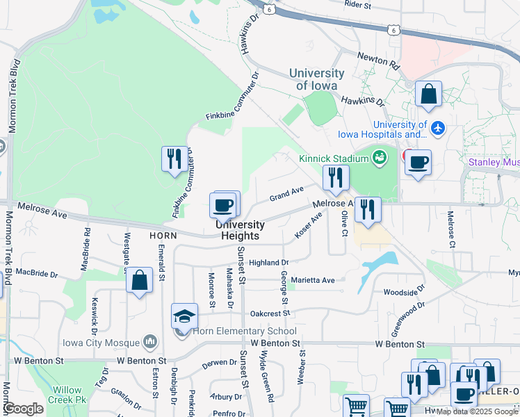 map of restaurants, bars, coffee shops, grocery stores, and more near 1491 Grand Ave in Iowa City