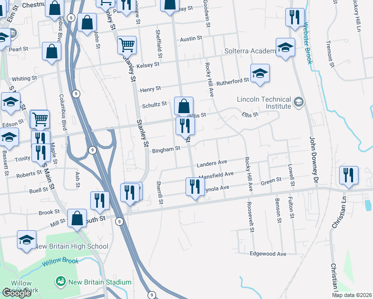 map of restaurants, bars, coffee shops, grocery stores, and more near 117 East Street in New Britain