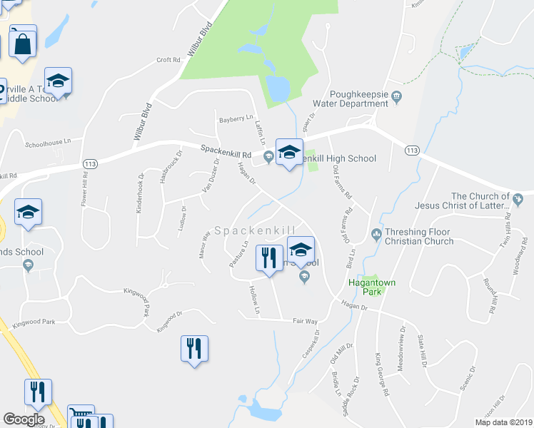 map of restaurants, bars, coffee shops, grocery stores, and more near 6 Pasture Lane in Poughkeepsie