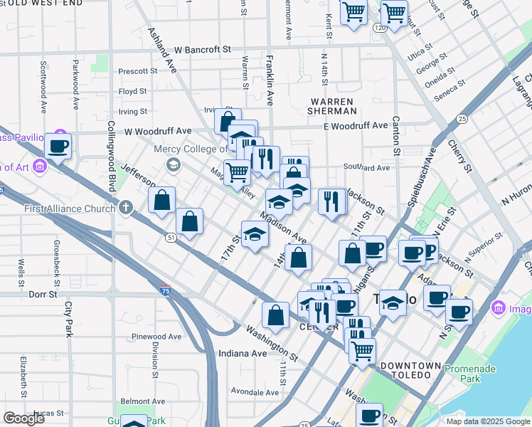 map of restaurants, bars, coffee shops, grocery stores, and more near 1600 Madison Avenue in Toledo