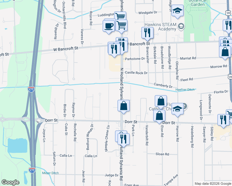map of restaurants, bars, coffee shops, grocery stores, and more near 1956 Devinci Drive in Toledo
