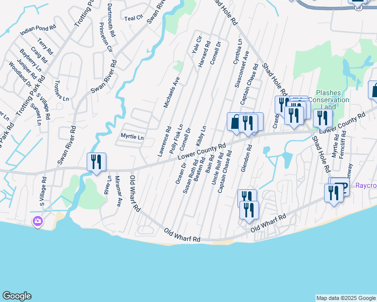 map of restaurants, bars, coffee shops, grocery stores, and more near 108 Lower County Road in Dennis