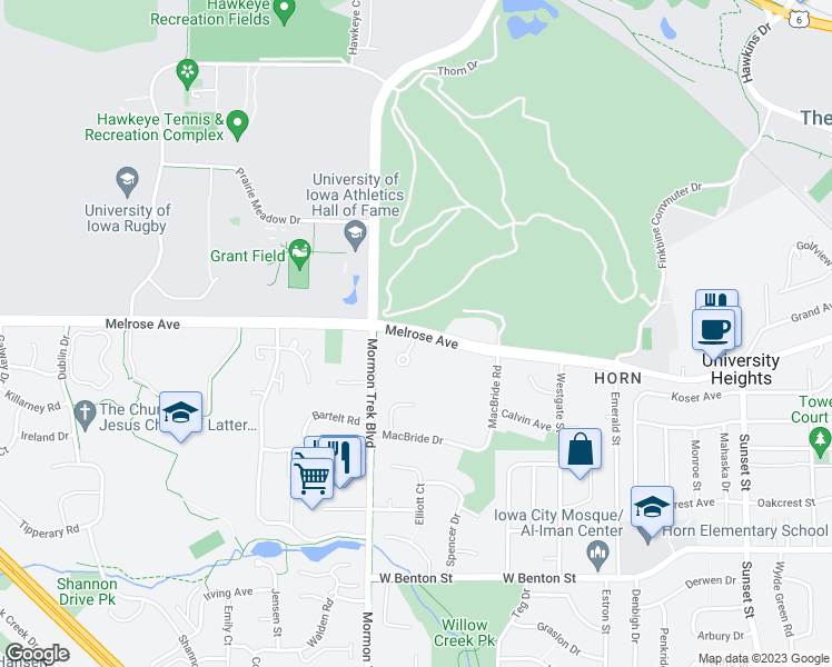 map of restaurants, bars, coffee shops, grocery stores, and more near Melrose Avenue & Finkbine Lane in Iowa City