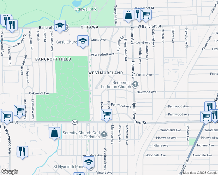 map of restaurants, bars, coffee shops, grocery stores, and more near 1706 Potomac Drive in Toledo
