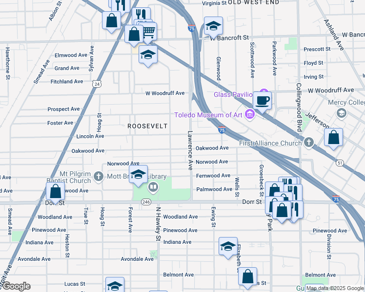 map of restaurants, bars, coffee shops, grocery stores, and more near 916 Oakwood Avenue in Toledo