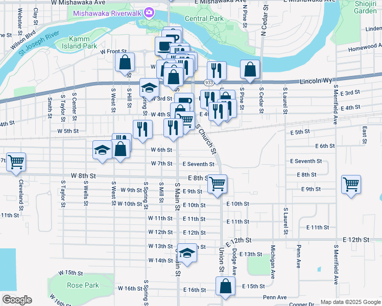map of restaurants, bars, coffee shops, grocery stores, and more near 125 East 6th Street in Mishawaka