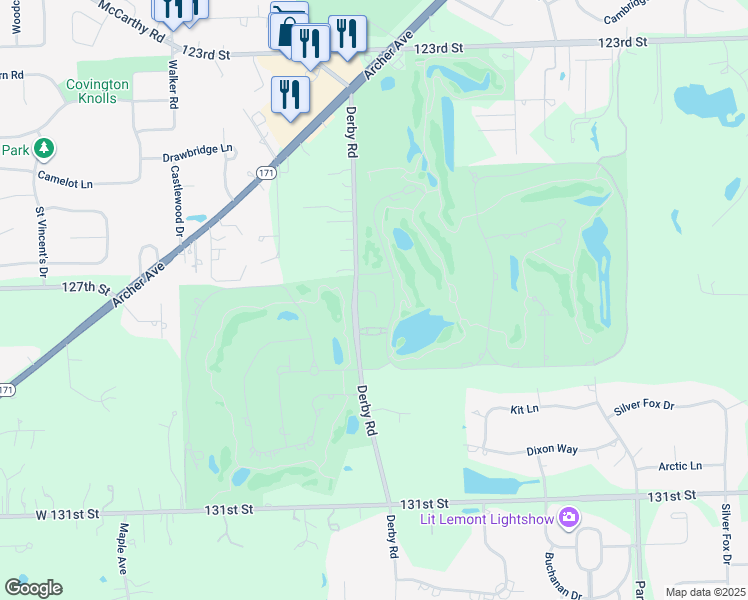 map of restaurants, bars, coffee shops, grocery stores, and more near 12767 Derby Road in Lemont