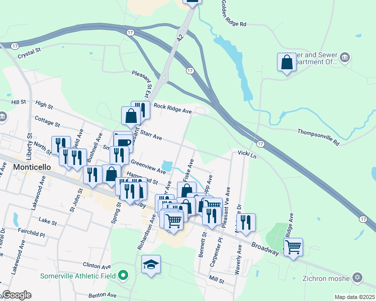 map of restaurants, bars, coffee shops, grocery stores, and more near 48 Starr Avenue in Monticello