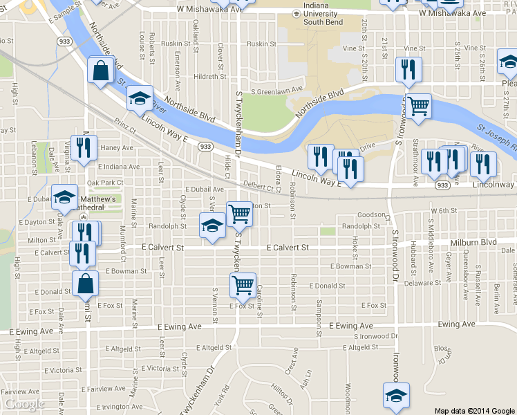map of restaurants, bars, coffee shops, grocery stores, and more near 1721 Caroline Street in South Bend