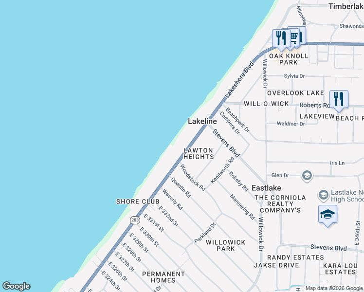 map of restaurants, bars, coffee shops, grocery stores, and more near 33515 Lakeshore Boulevard in Lakeline
