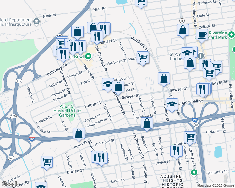 map of restaurants, bars, coffee shops, grocery stores, and more near in New Bedford