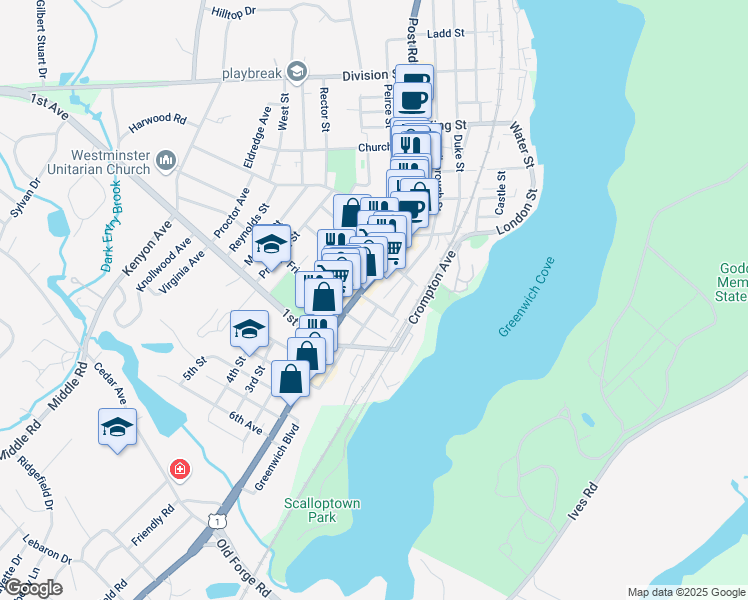 map of restaurants, bars, coffee shops, grocery stores, and more near 572 Main Street in East Greenwich