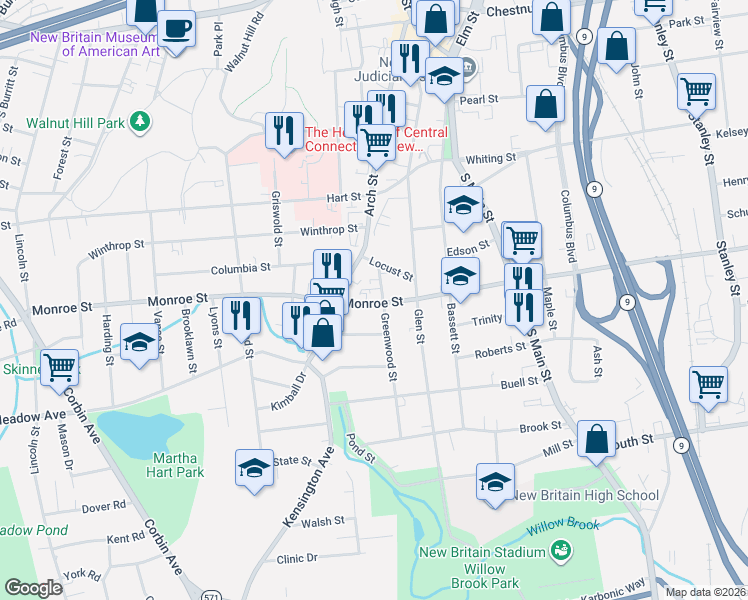 map of restaurants, bars, coffee shops, grocery stores, and more near 51 Greenwood Street in New Britain