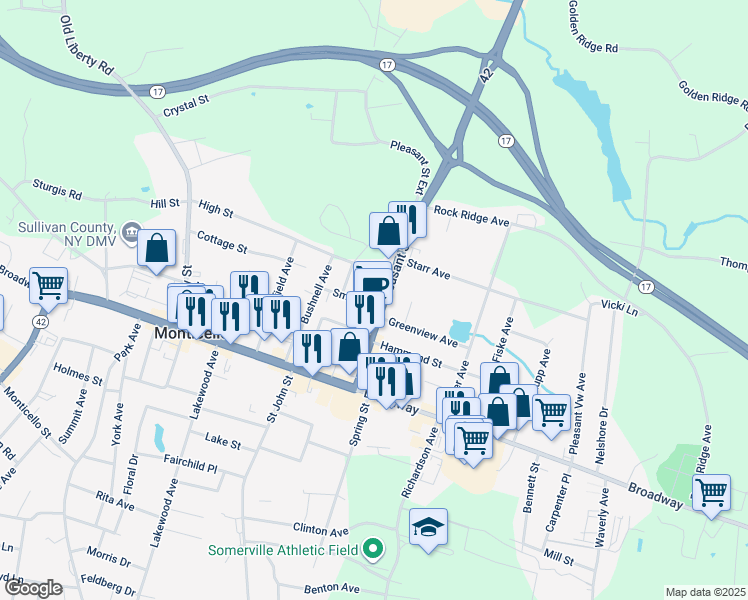 map of restaurants, bars, coffee shops, grocery stores, and more near 9 Smith Street in Monticello