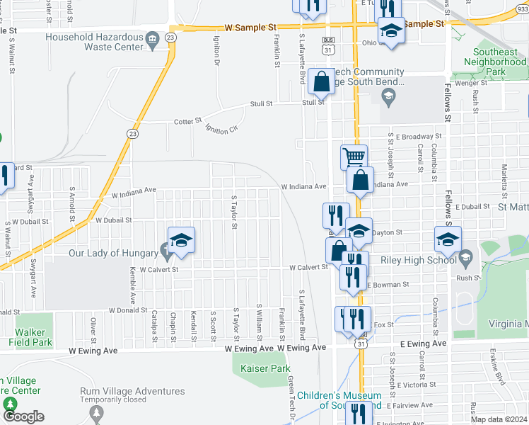 map of restaurants, bars, coffee shops, grocery stores, and more near 1636-1698 South William Street in South Bend