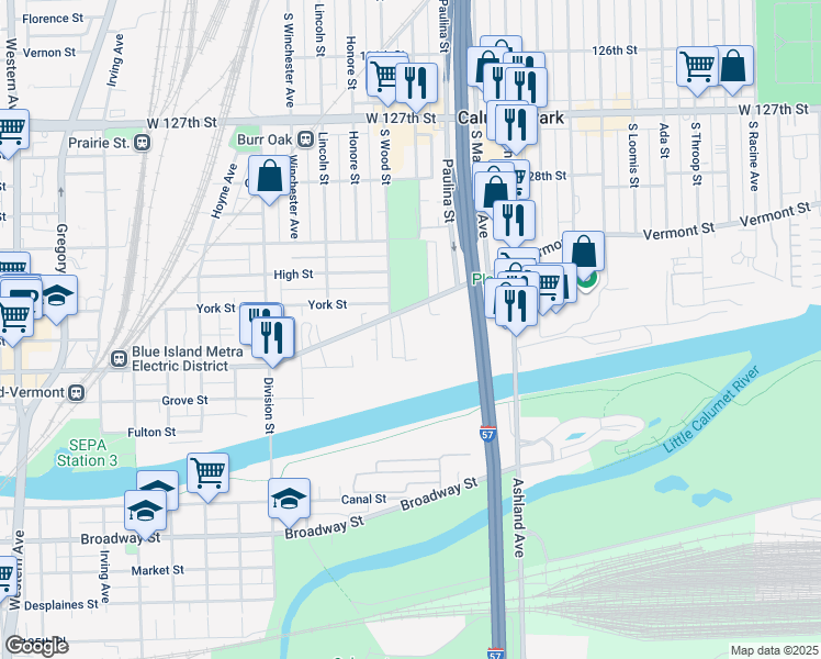 map of restaurants, bars, coffee shops, grocery stores, and more near 13033 South Wood Street in Blue Island