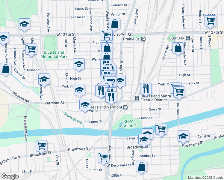 map of restaurants, bars, coffee shops, grocery stores, and more near 2330 New Street in Blue Island