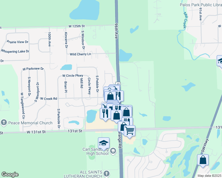 map of restaurants, bars, coffee shops, grocery stores, and more near 12828 South La Grange Road in Palos Park