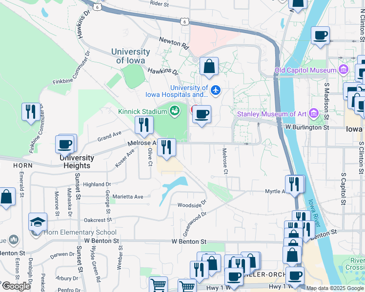 map of restaurants, bars, coffee shops, grocery stores, and more near 807 Melrose Avenue in Iowa City