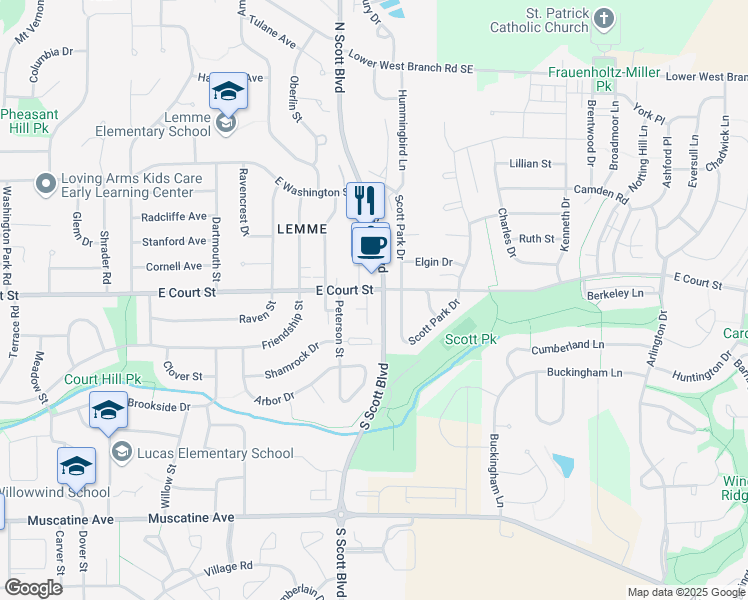 map of restaurants, bars, coffee shops, grocery stores, and more near 417 South Scott Boulevard in Iowa City